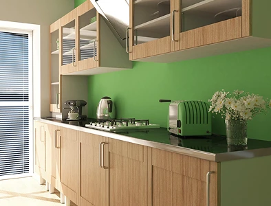 Kitchen cabinets after refinishing – smooth, modern, bright finish applied.