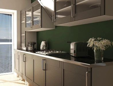 Kitchen cabinets before refinishing – faded wood and worn-out paint.